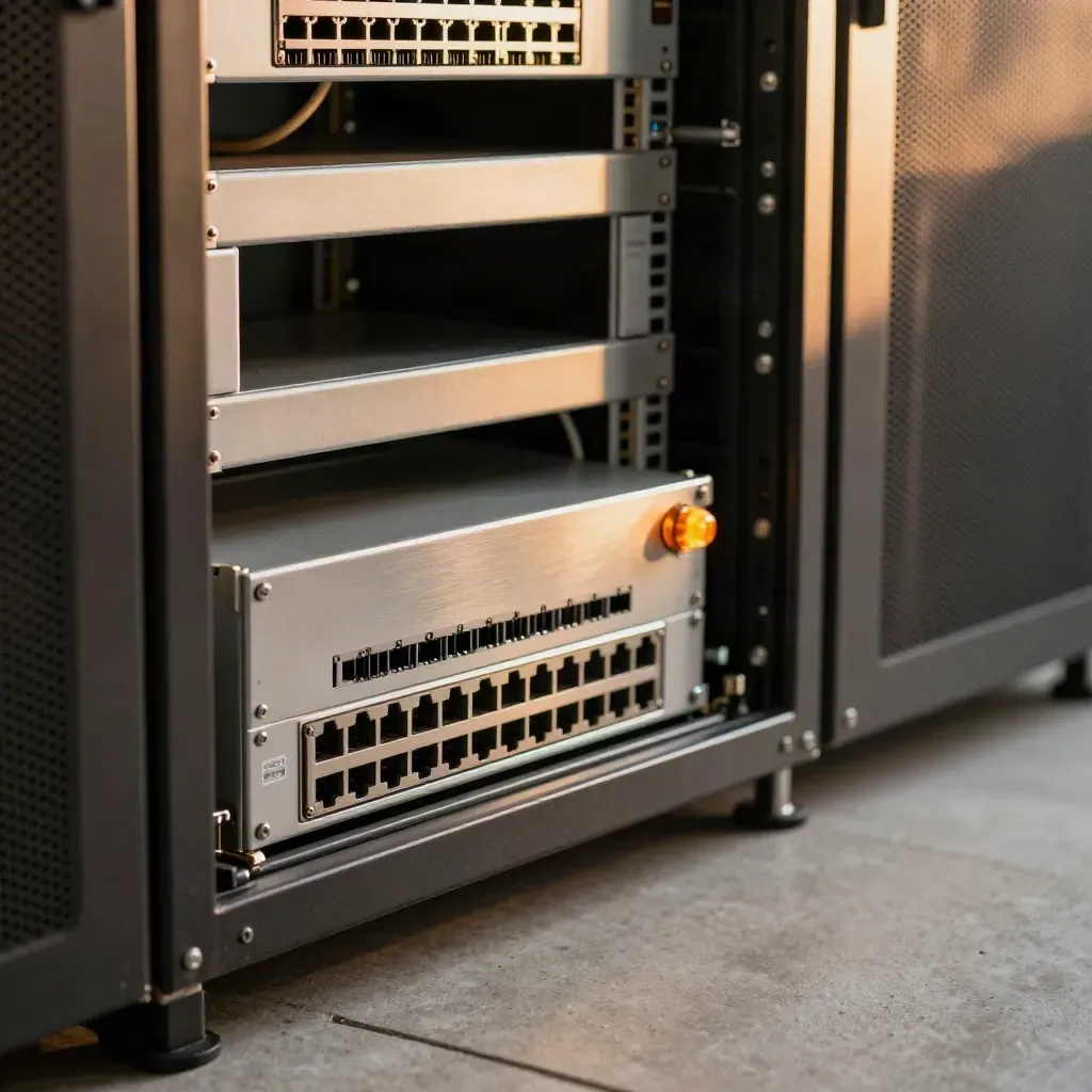 Server rack scan appliance with amber status light in a warm, dusty small server room.