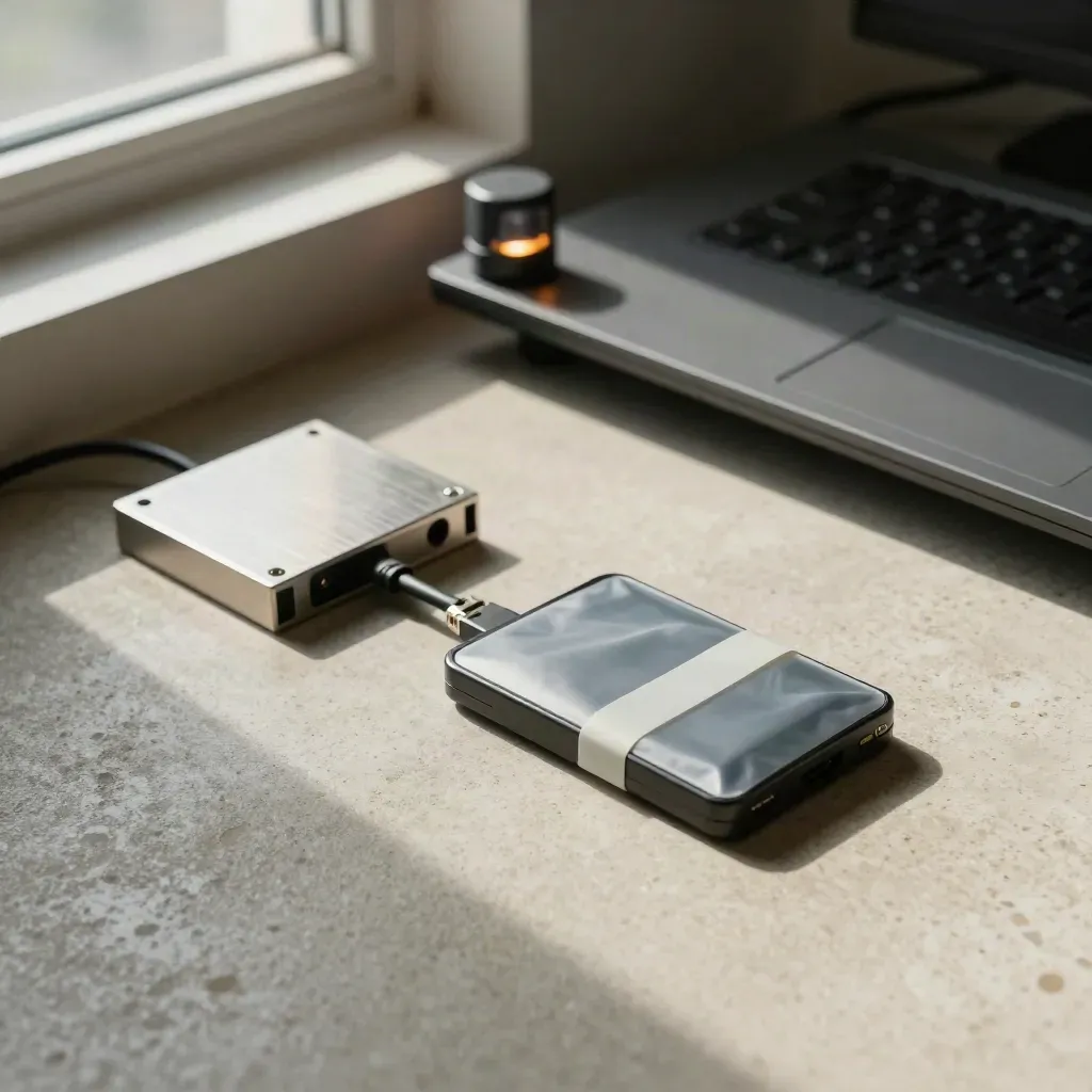 Quarantined workstation corner with unplugged cable, sealed evidence drive, and isolation beacon on travertine.