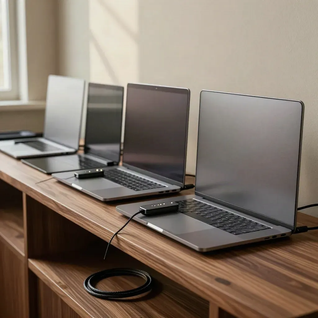 Closed secure laptops on a walnut charging shelf with tokens and locked cables in a quiet office.