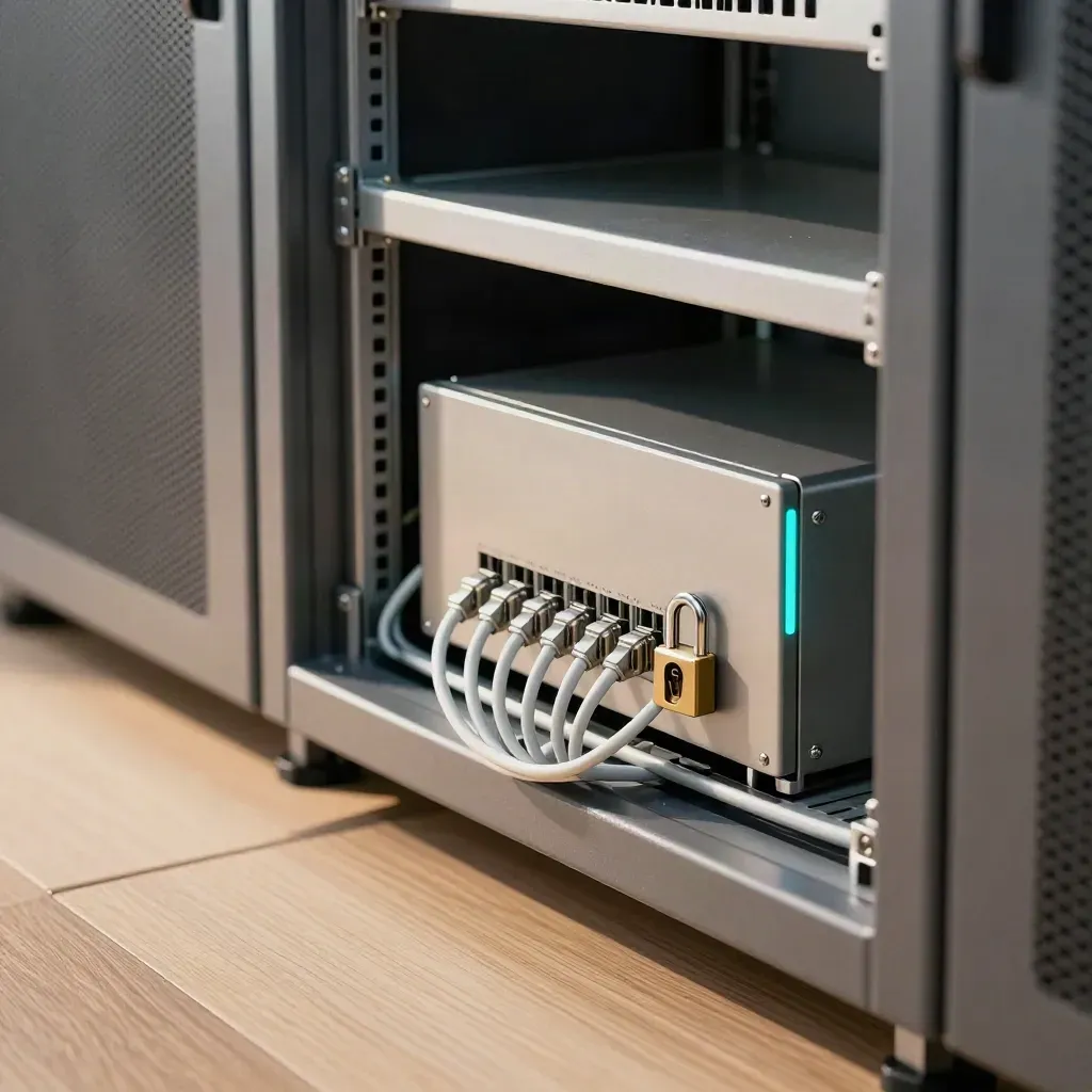 Locked firewall in a server rack with tidy cables and a shut cabinet door, lit in cool daylight.