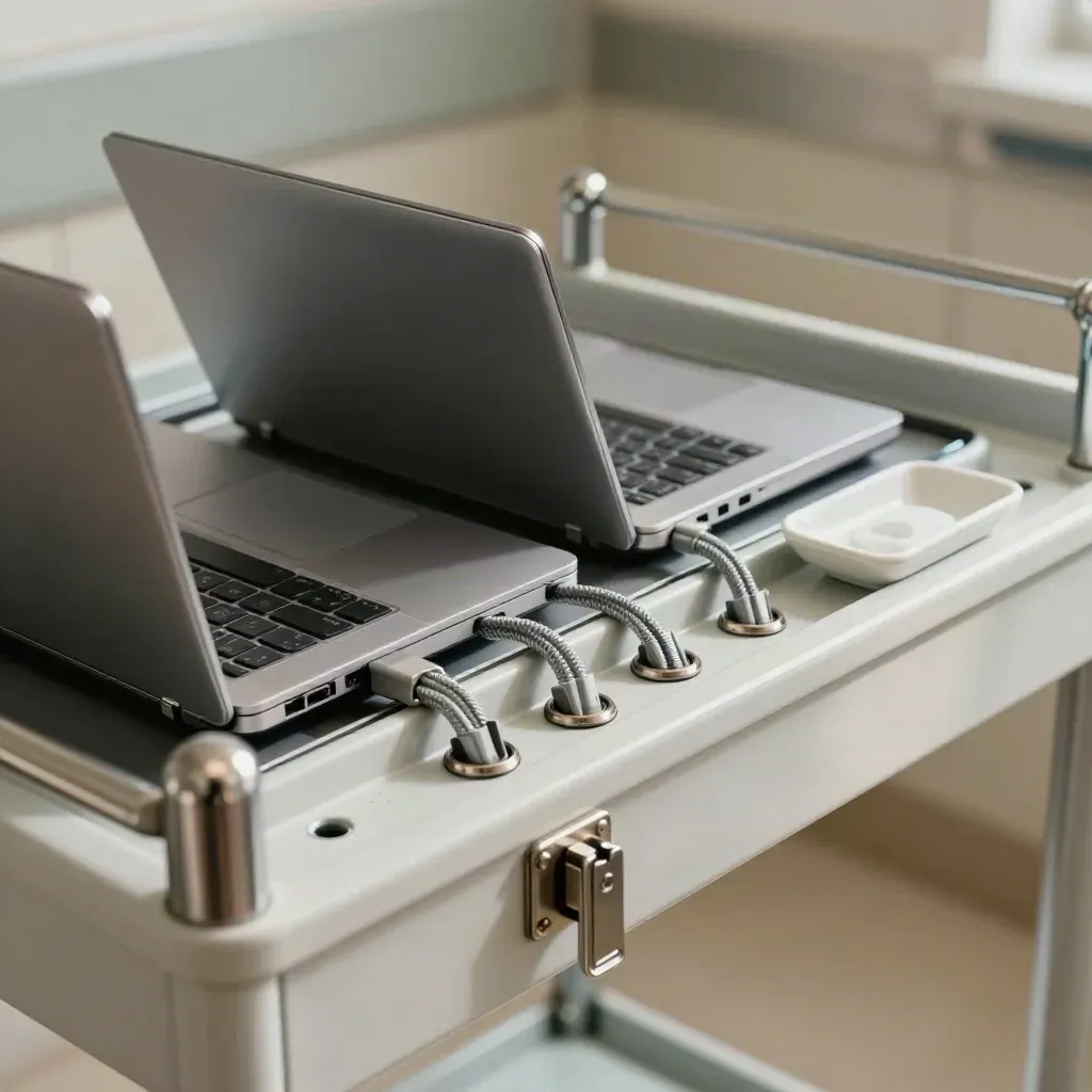 Closed clinic laptops secured in a charging bay on a sanitized equipment cart.