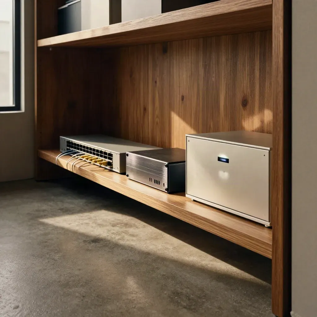Diagonally framed office shelf with switch, backup drive and access cabinet in hazy afternoon light