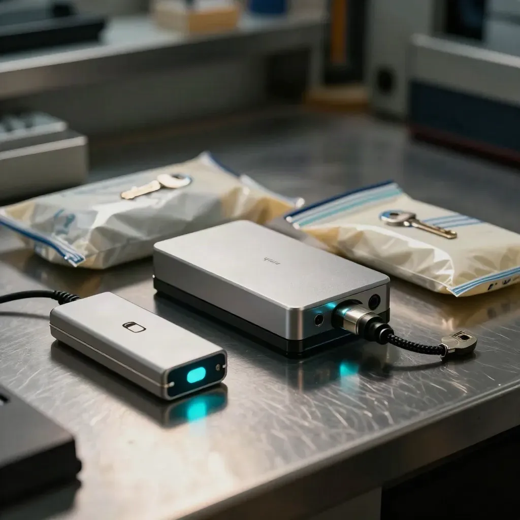 Forensic write-blocker, sealed drives and evidence bag on a steel workbench with cyan glow.