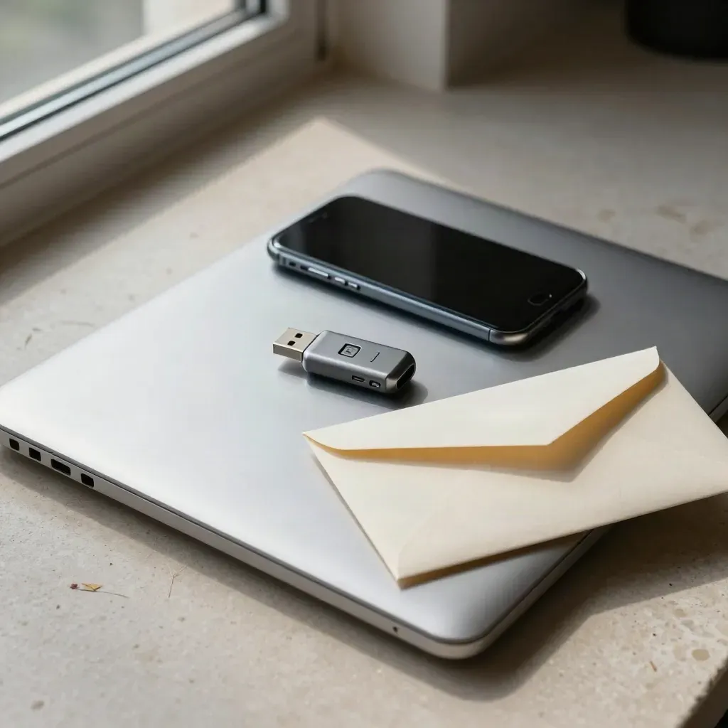 Closed laptop, phone, USB key and face-down envelope on pale stone in soft window light.