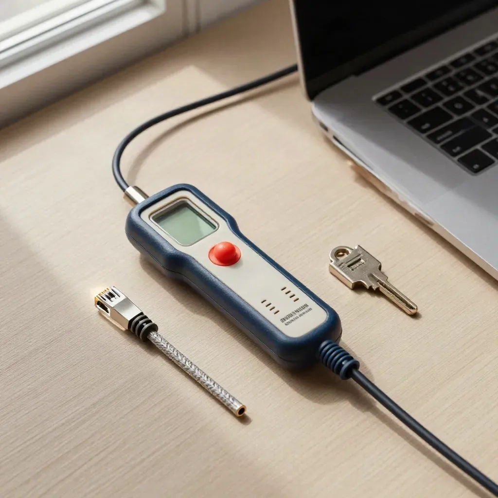 Cable tester, RJ45 lead, hardware key, and laptop dock on a pale-wood desk, top-down still life.