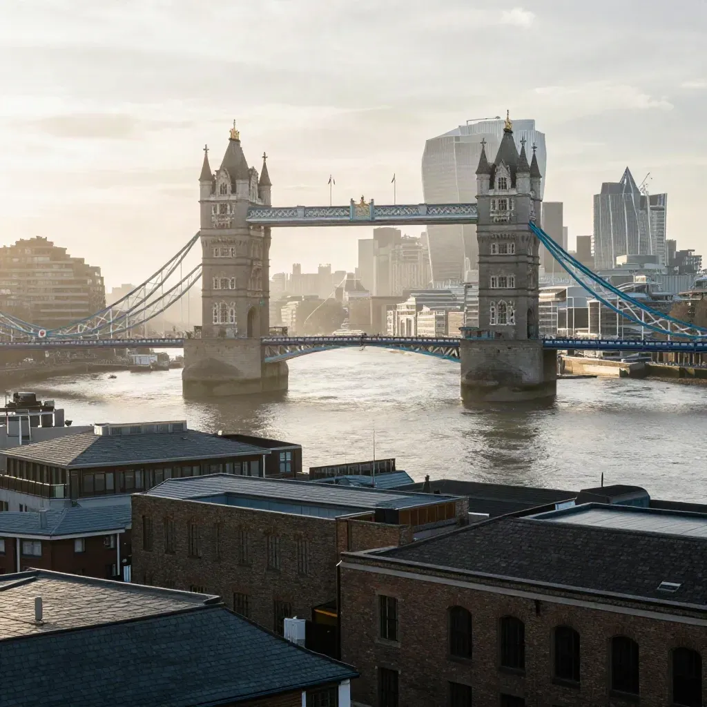 Tower Bridge and the City skyline above the Thames in soft morning haze.