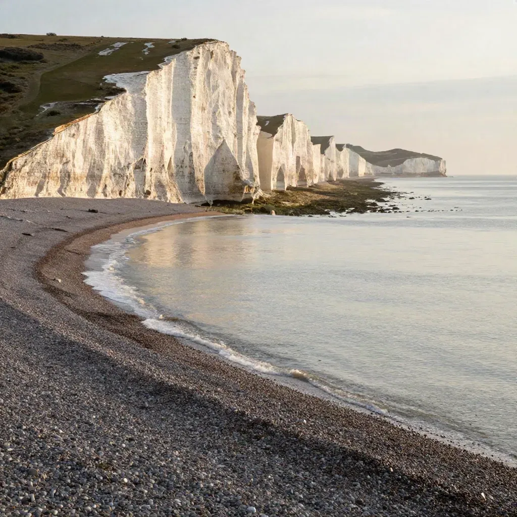 White chalk cliffs over a misty shingle shore at golden hour in South East England.