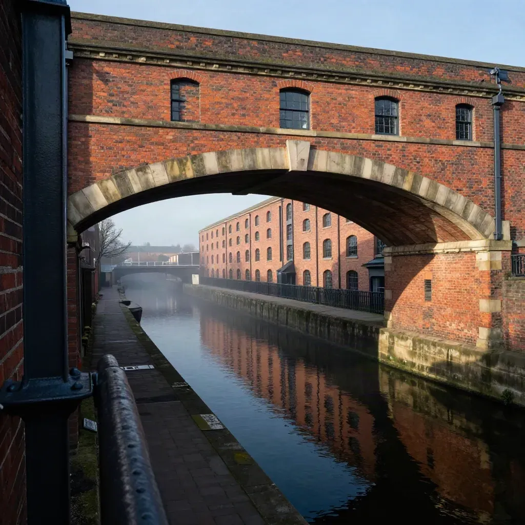 Birmingham canal warehouses and viaducts in warm haze above calm water