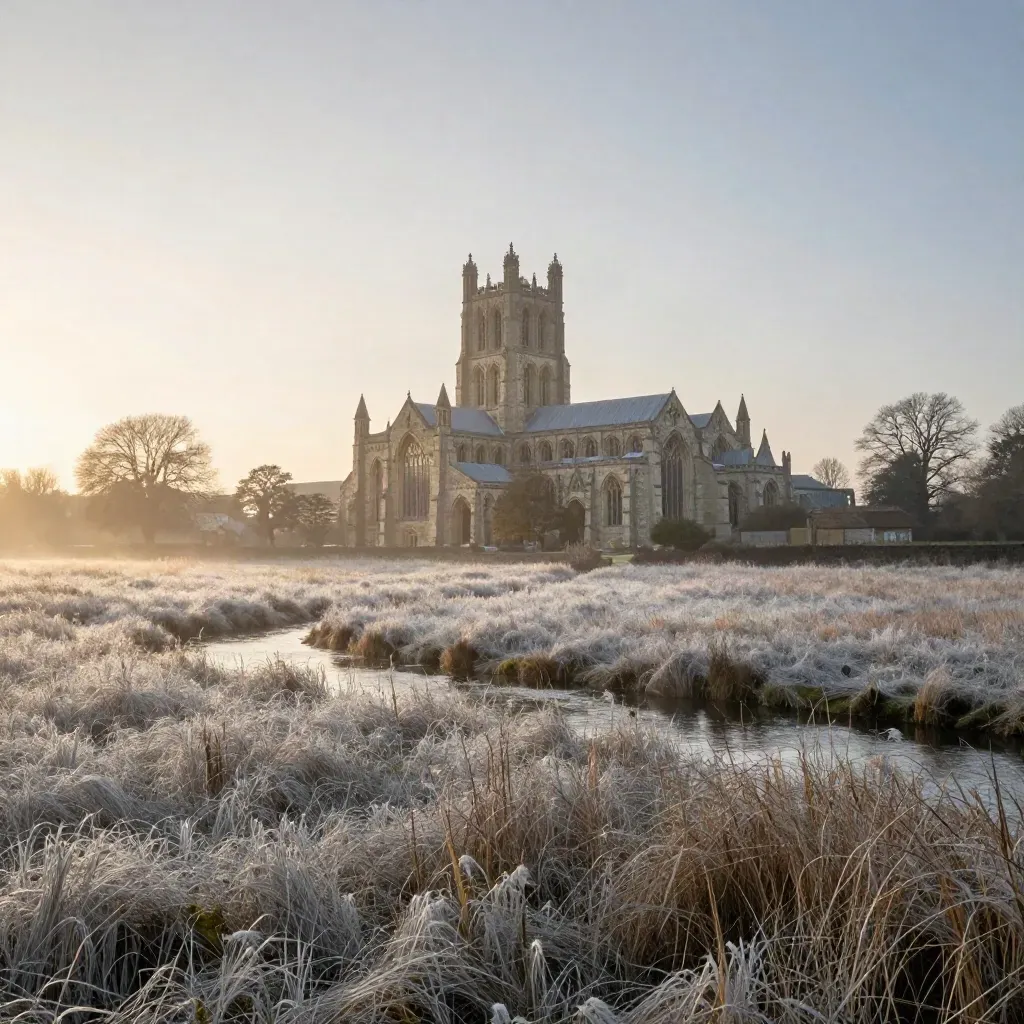Ely Cathedral above sunrise fenland marshes and silver water channels in soft morning haze